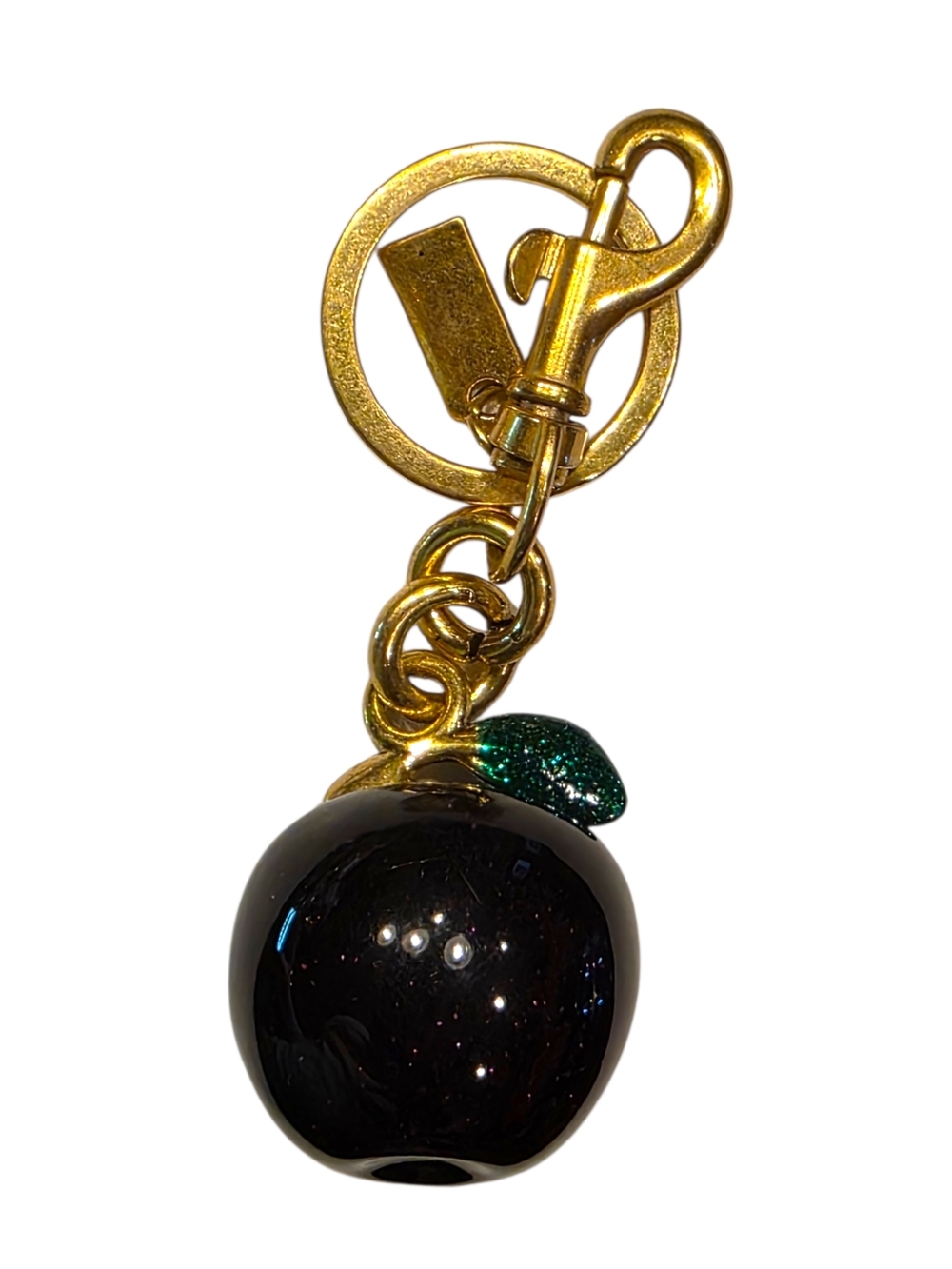 Black Glitter Apple Purse Charm Keyring with Green Leaf Matte Gold Hardware